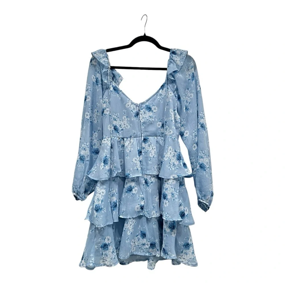 Altar'd State Blue Floral Long Sleeve Tiered Mini Dress Size Medium NWOT - Picture 3 of 5